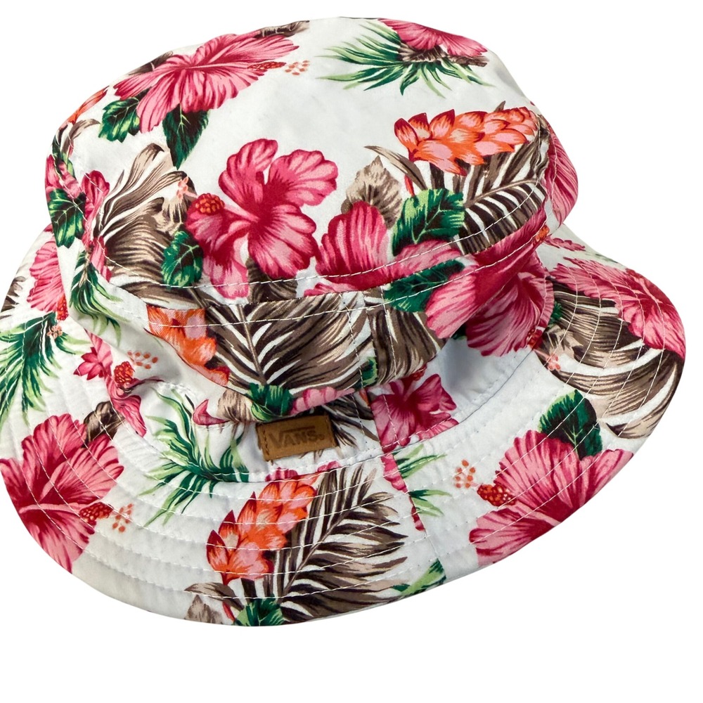 Vans Bucket Hat Unisex OS White Pink Tropical Hibiscus Floral Print Logo Patch - Picture 4 of 5